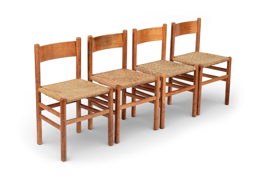 Mid Century Dutch Oak Wood and Rush Chairs by Johan van Heuvel