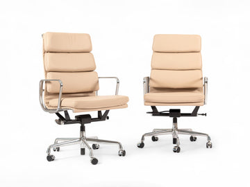 Herman Miller Eames Tall Tan Leather Desk Chair Soft Pad Pair