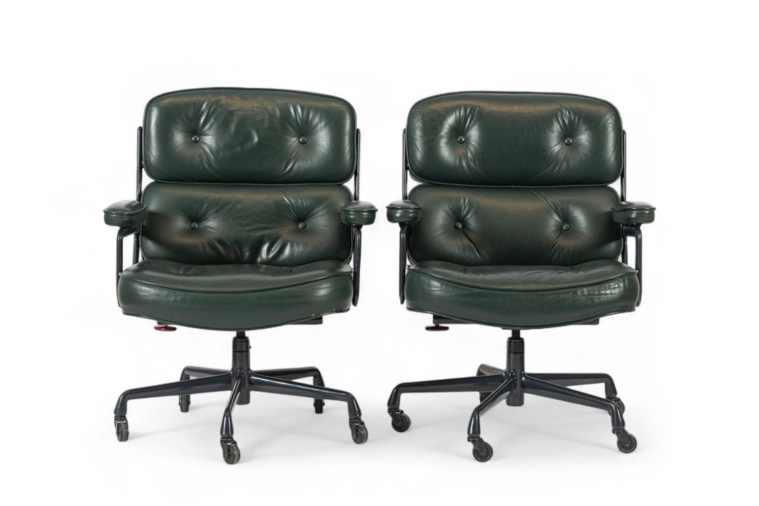 Pair Green Leather Time Life Office Chairs by Eames for Herman Miller 1996