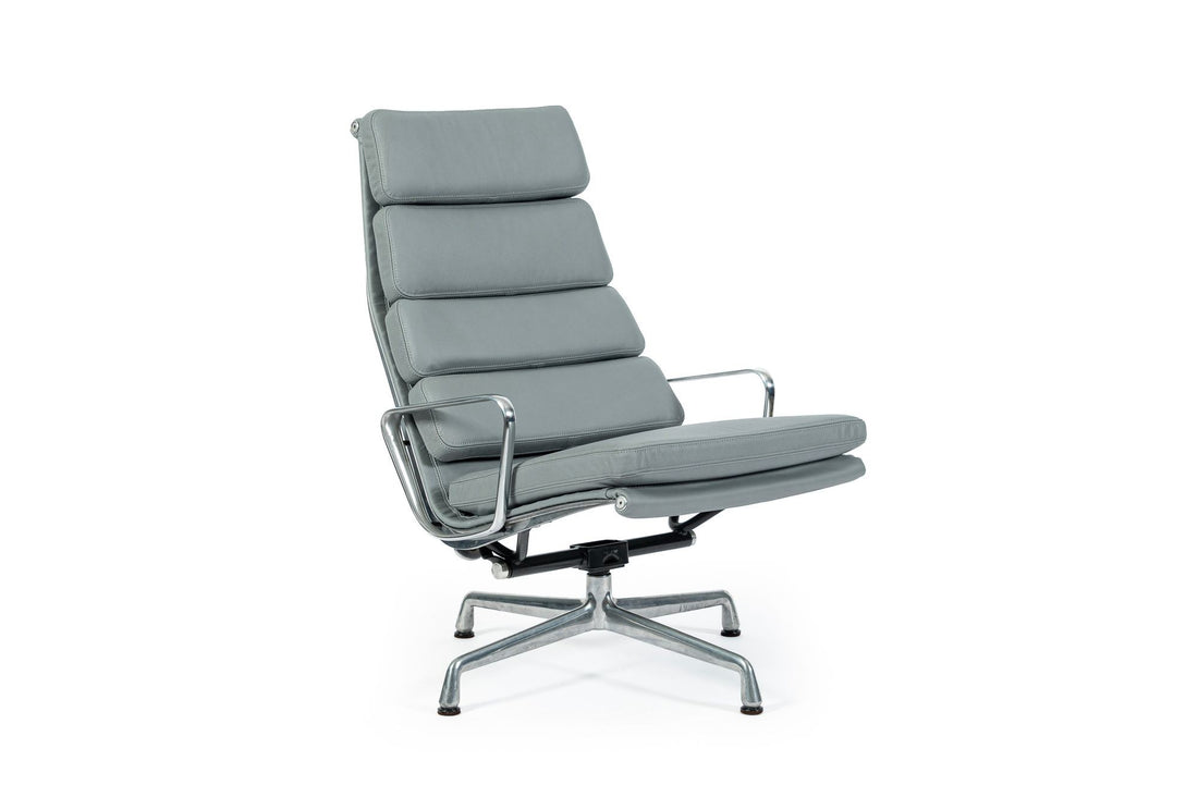 Eames Soft Pad Recliner for Herman Miller, Gray Leather Aluminum Group Lounge Chair