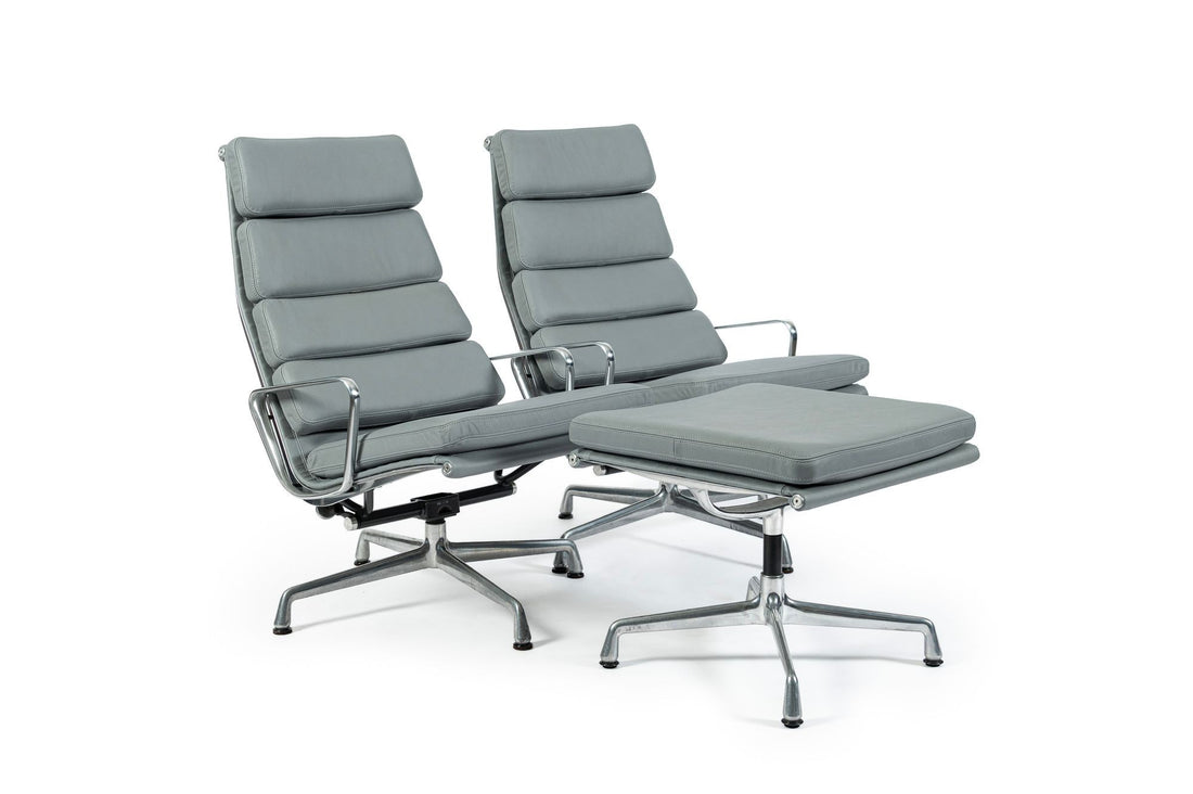 Pair Eames Soft Pad Recliners with Ottoman for Herman Miller, Gray Leather Aluminum Group