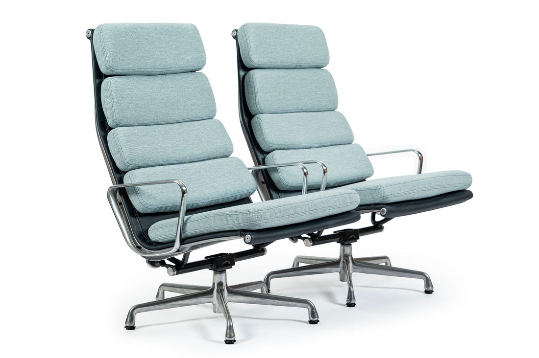 Pair of Eames Soft Pad Recliners for Herman Miller, Blue Gray Aluminum Group Lounge Chairs