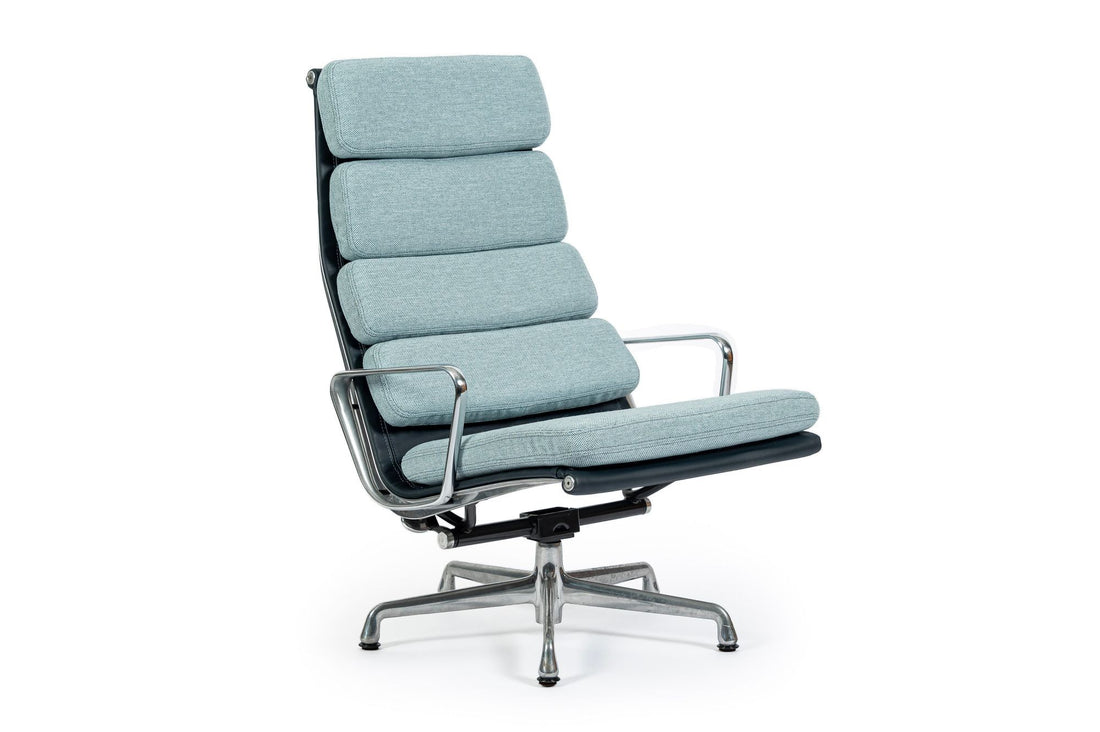Eames Soft Pad Recliner for Herman Miller, Blue Gray Aluminum Group Lounge Chair