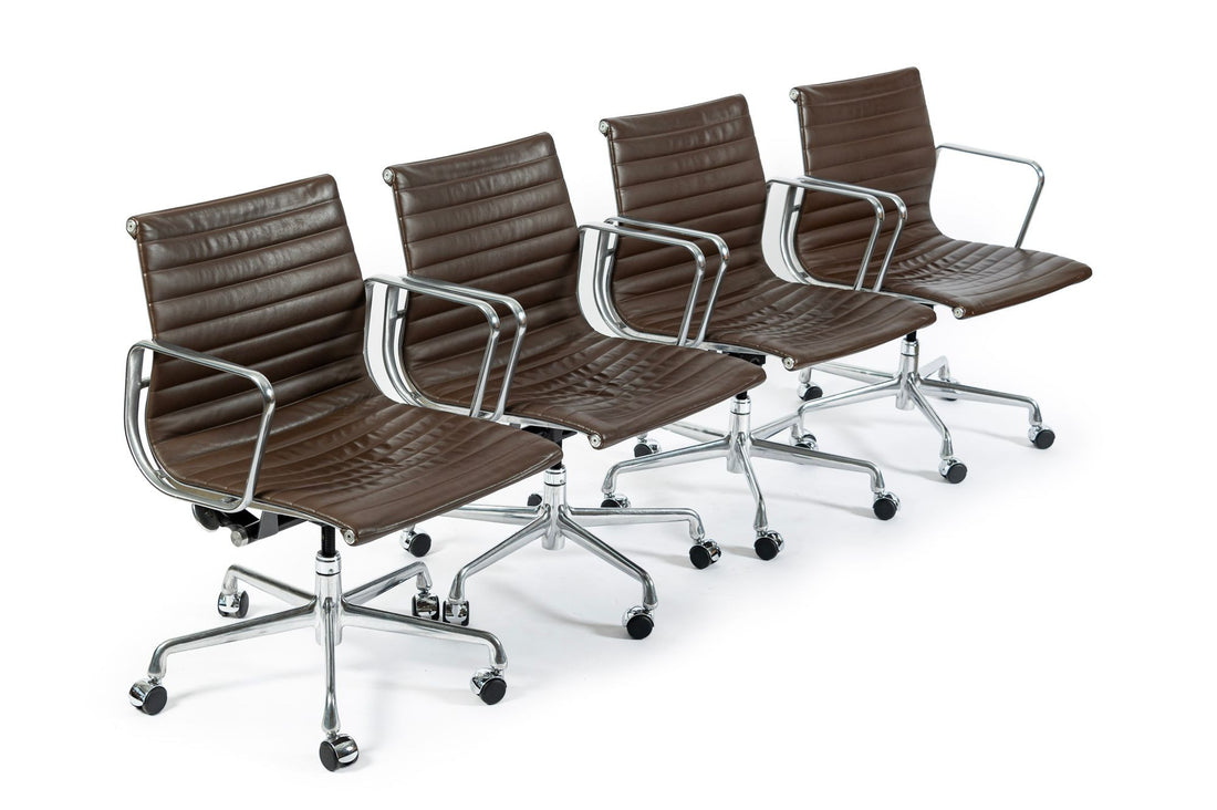 Set of 4 Eames Thin Pad Office Chairs for Herman Miller, Brown Leather Aluminum Group