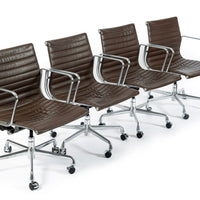 Set of 4 Eames Thin Pad Office Chairs for Herman Miller, Brown Leather Aluminum Group