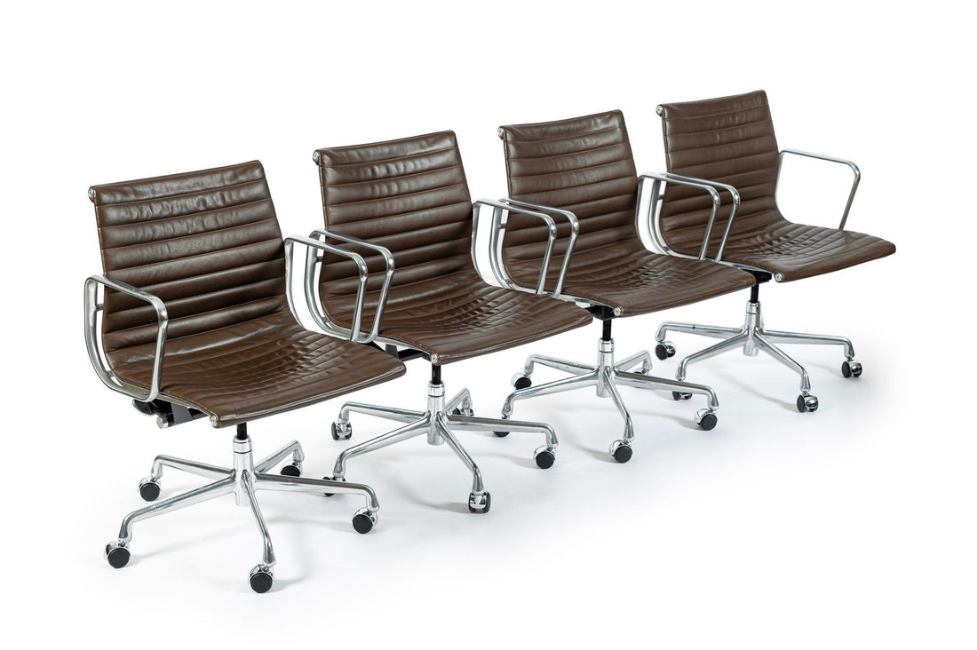Set of 4 Eames Herman Miller Office Chairs, Brown Leather Thin Pad Aluminum Group