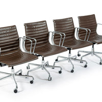 Set of 4 Eames Herman Miller Office Chairs, Brown Leather Thin Pad Aluminum Group