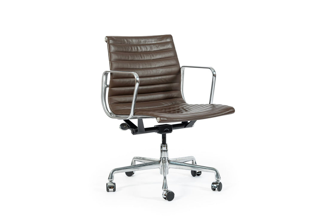 Eames Herman Miller Brown Leather Aluminum Group Thin Pad Desk Chair, 2008