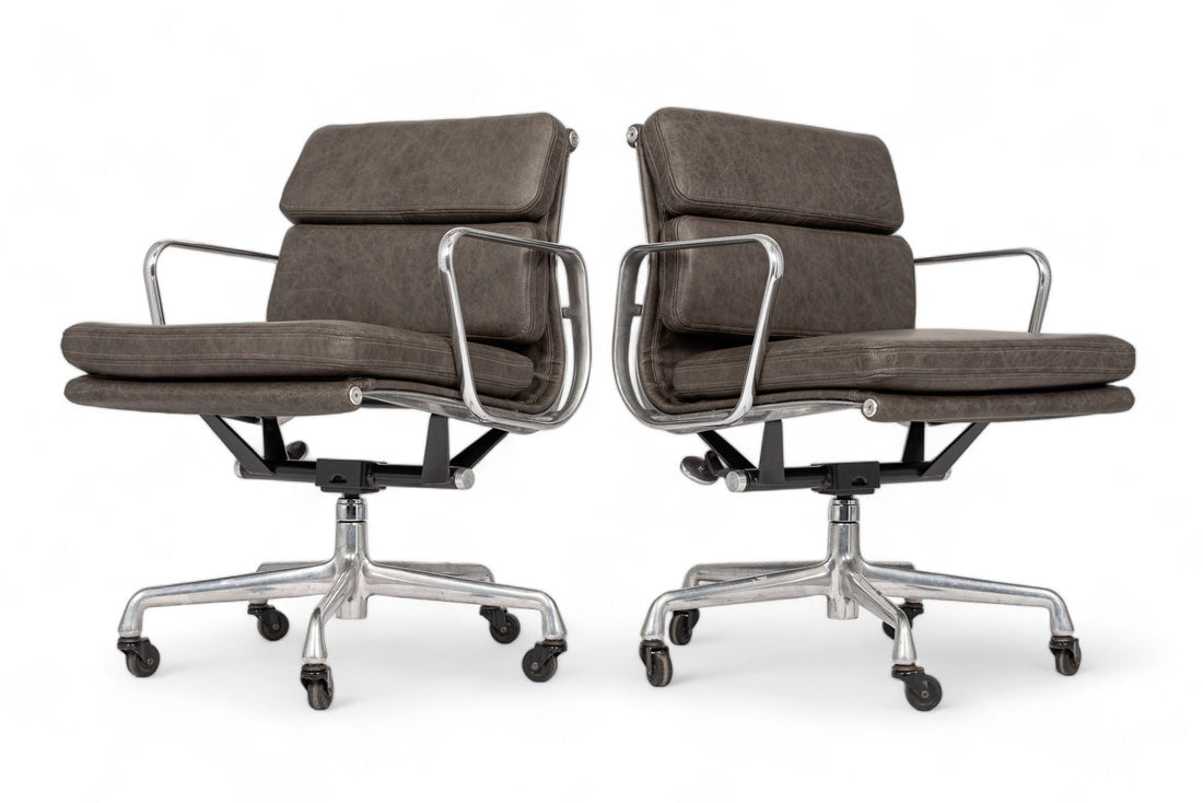 2000s Eames Herman Miller Gray Leather Desk Chairs Aluminum Group