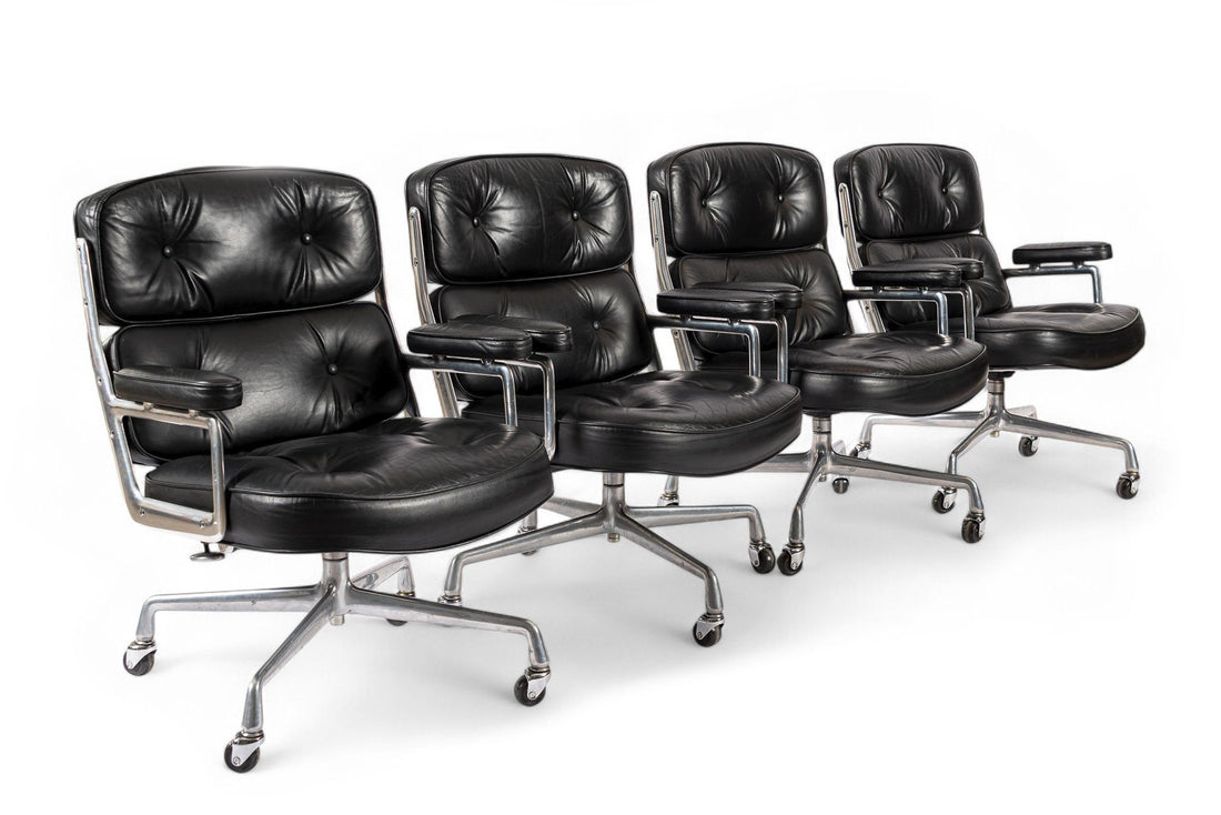 Eames for Herman Miller Time Life Black Leather Office Chairs, 1980s - Set of 4