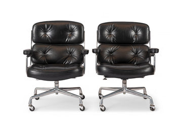 Pair Eames Herman Miller Time Life Black Leather Office Chairs 1980s