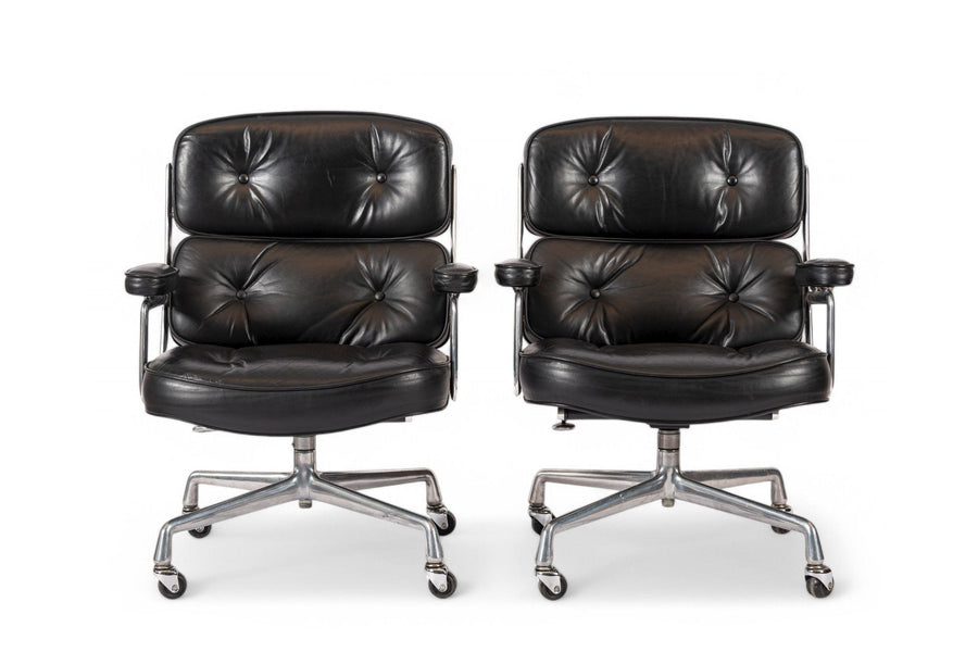Pair Eames Herman Miller Time Life Black Leather Office Chairs 1980s