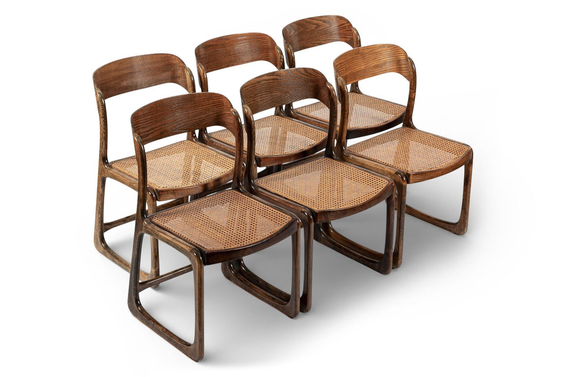 Mid Century Modern French Wood & Cane Wicker Chairs by Baumann