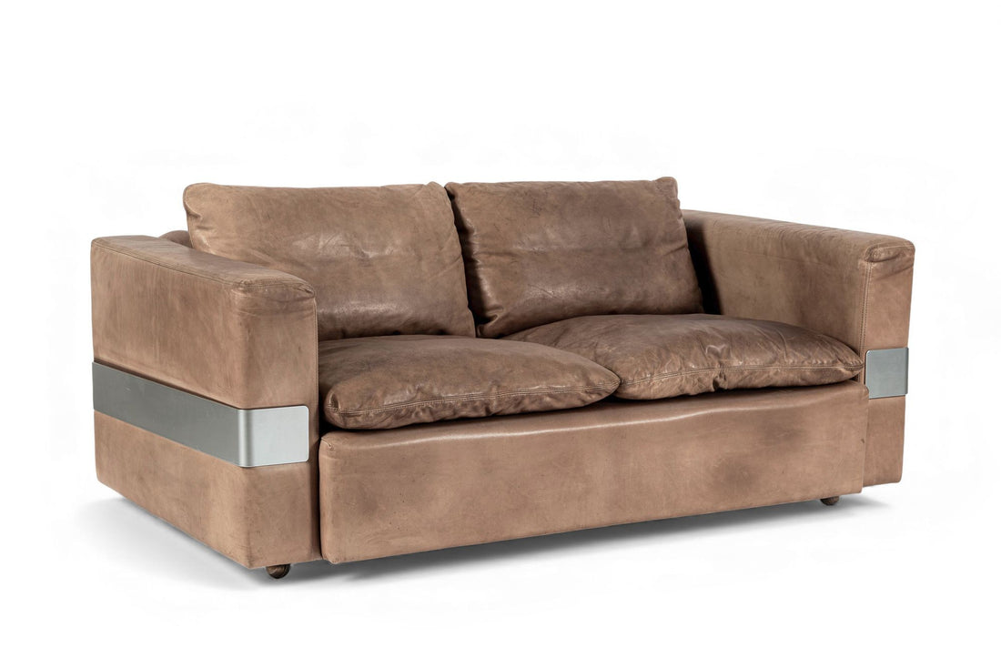 Mid Century German Distressed Brown Leather Sofa in the Style of Robert Haussmann