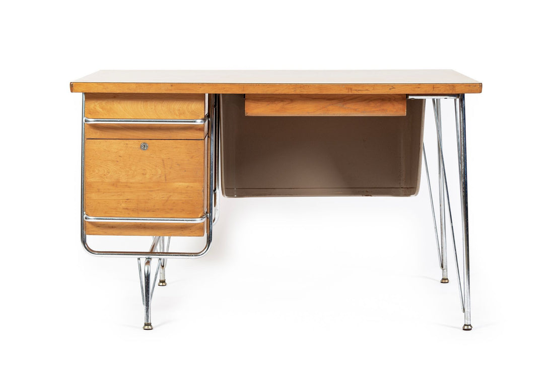 Kem Weber Trimline Desk for Heywood Wakefield, Mid Century Modern Birch and Chrome Office Desk, 1950s
