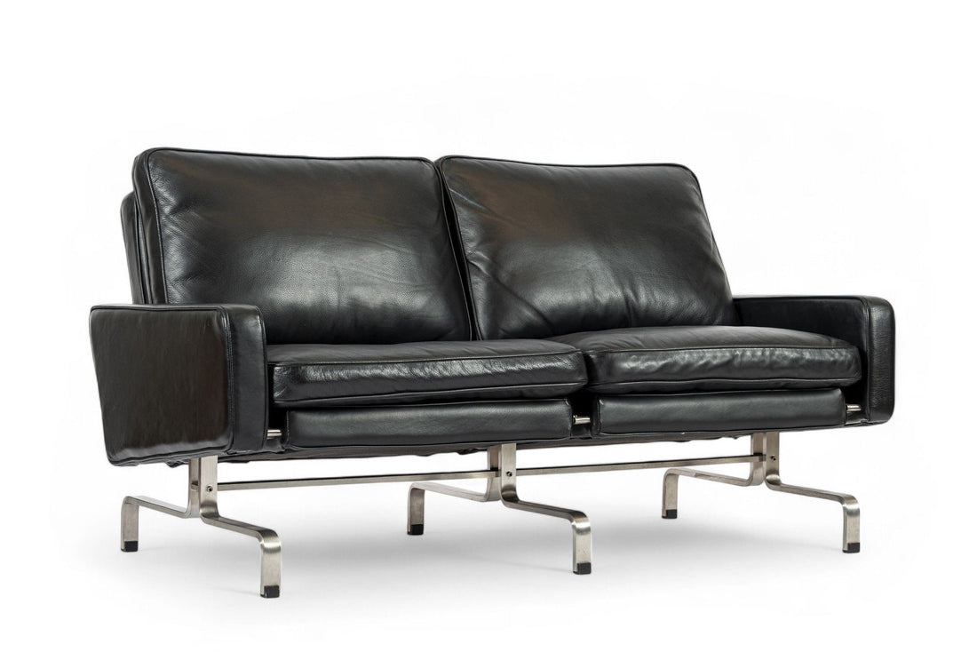 Vintage Postmodern Black Leather & Brushed Steel Loveseat Sofa, 1980s