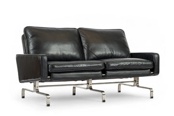 Vintage Postmodern Black Leather & Brushed Steel Loveseat Sofa, 1980s