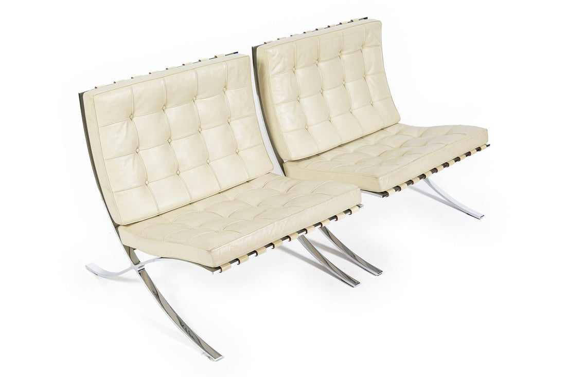 Mid Century Cream Barcelona Chairs by Mies van der Rohe for Knoll, 1980s