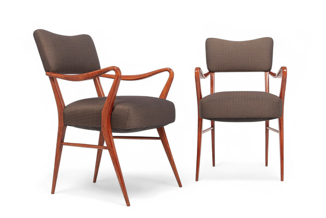 Pair of Mid Century Modern Wood & Brown Upholstered Arm Chairs, 1950s