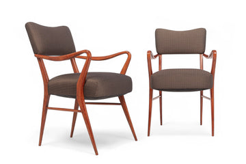 Pair of Mid Century Modern Wood & Brown Upholstered Arm Chairs, 1950s