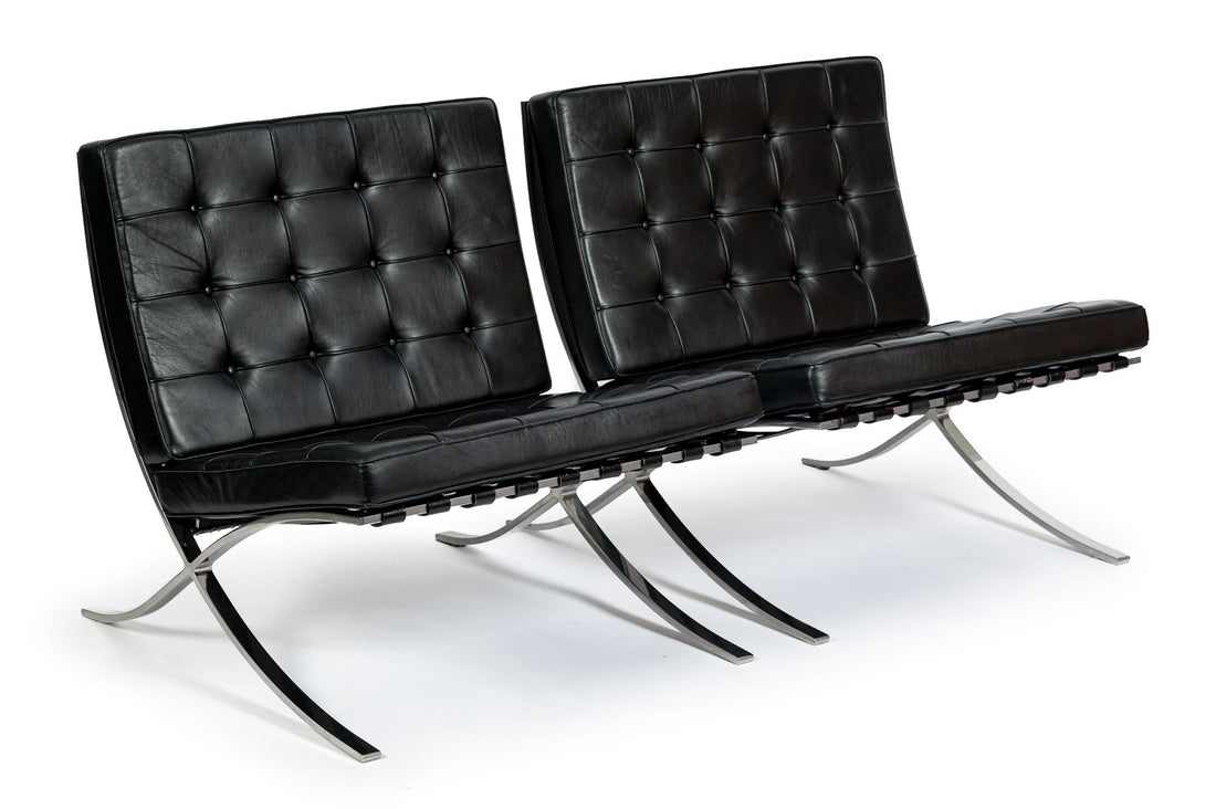 Pair Mid Century Black Leather Barcelona Chairs by Mies van der Rohe for Knoll, 1977