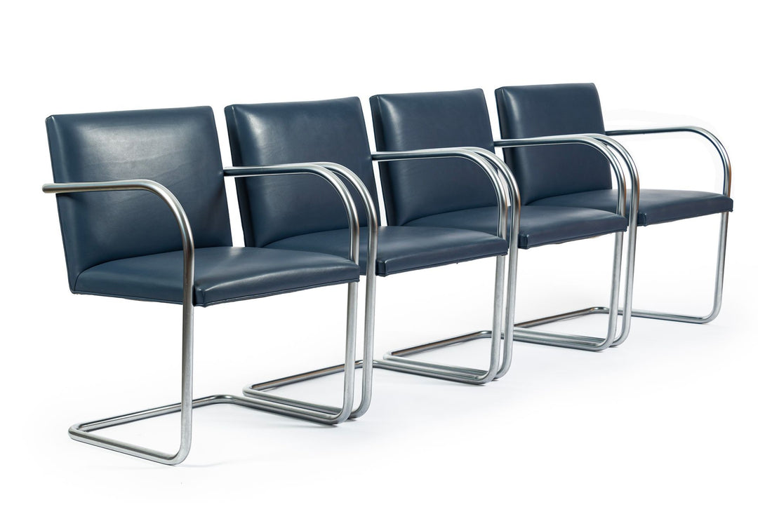 Mid Century Modern Blue Leather Brno Arm Chairs by Mies van der Rohe for Knoll, Set of 4