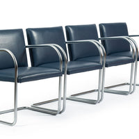Mid Century Modern Blue Leather Brno Arm Chairs by Mies van der Rohe for Knoll, Set of 4