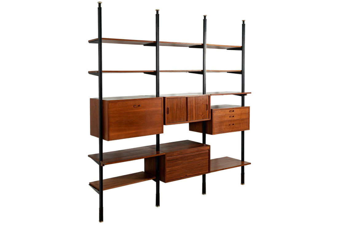Early Production George Nelson OMNI Three-Bay Modular Walnut Wall Unit by Structural Products, Circa 1961