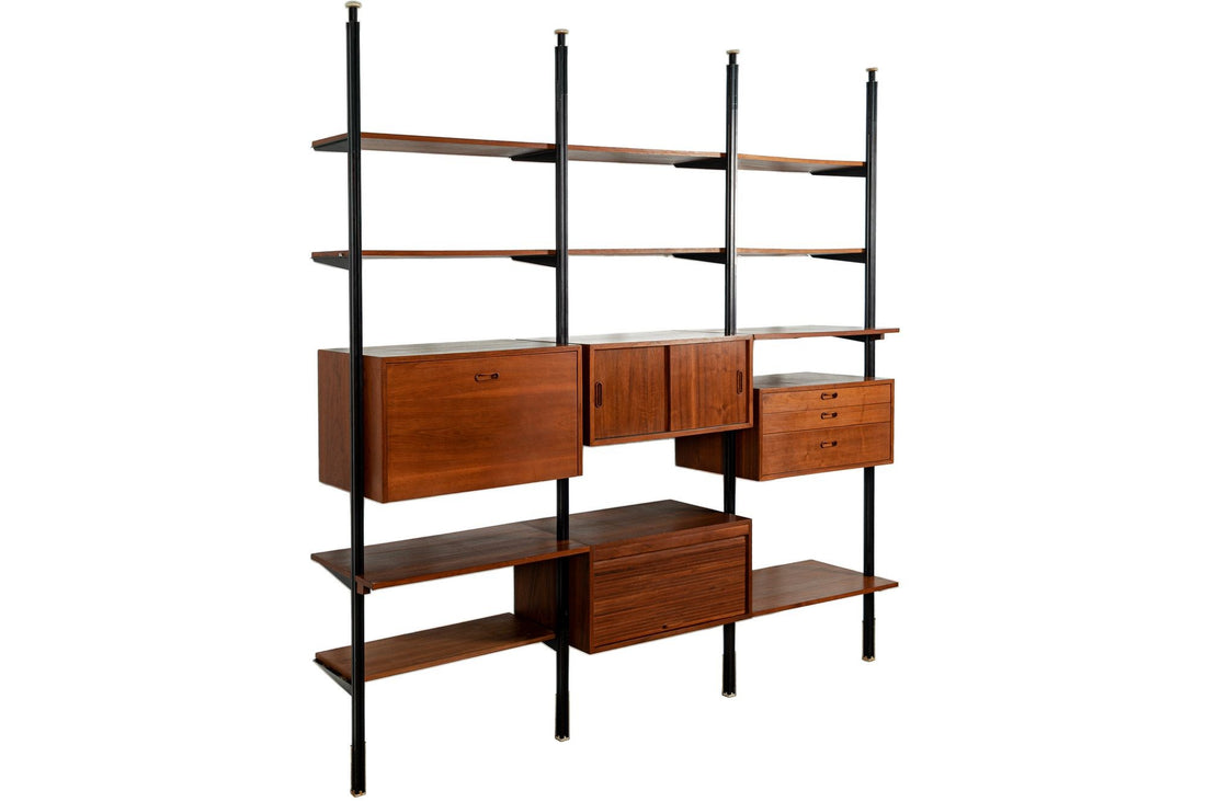 Early Production George Nelson OMNI Three-Bay Modular Walnut Wall Unit by Structural Products, Circa 1961