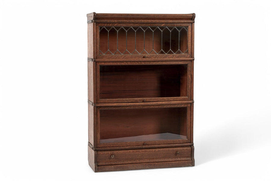 Antique Three Shelf Wood Barrister Bookcase Cabinet with Leaded Glass