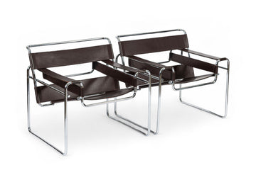 Mid Century Dark Brown Leather Wassily Arm Chairs by Marcel Breuer for Knoll, Signed, 1960s