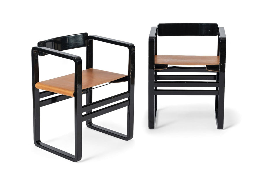 Mid Century Modern Black Lacquer and Brown Leather Arm Chairs 1970s