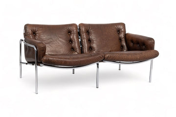 Mid Century Modern Brown Leather Loveseat Sofa 1970s
