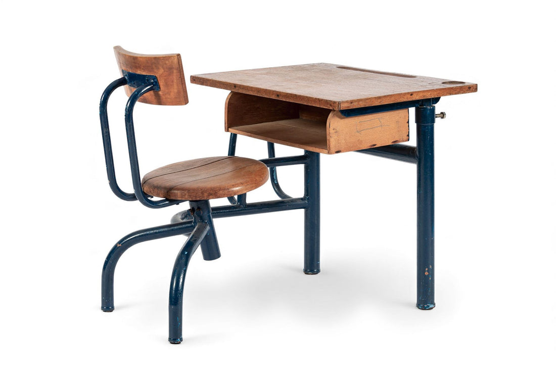 Vintage Antique Wood & Metal Child’s School Desk and Chair in the Style of Jean Prouvé