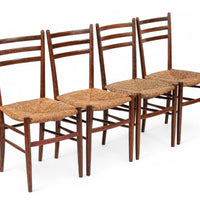 Vintage Rustic Modern Wood and Rush Wicker Dining Chairs, Set of 4