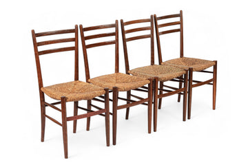 Vintage Rustic Modern Wood and Rush Wicker Dining Chairs, Set of 4