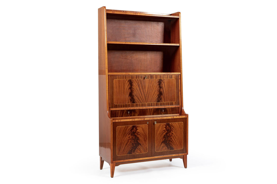 Scandinavian Modern Figured Mahogany Secretary Bookcase Cabinet 1960s