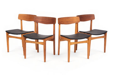 Mid Century Danish Teak Wood & Black Vinyl Dining Chairs