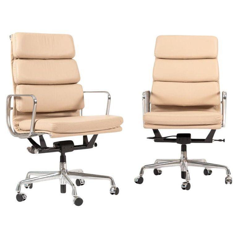 Herman Miller Eames Tall Tan Leather Desk Chair Soft Pad Pair