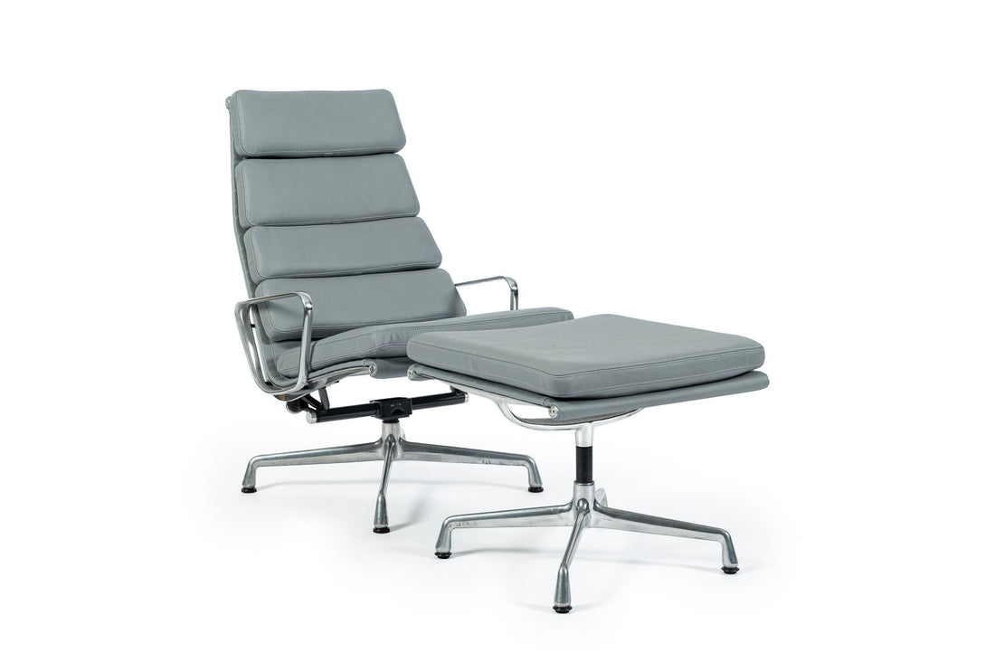 Eames Soft Pad Recliner with Ottoman for Herman Miller, Gray Leather Aluminum Group
