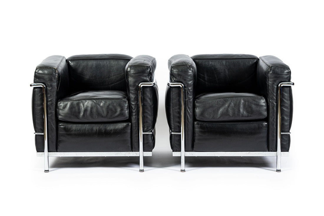 Pair of Cassina LC2 Black Leather Petit Lounge Chairs by Le Corbusier