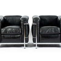 Pair of Cassina LC2 Black Leather Petit Lounge Chairs by Le Corbusier