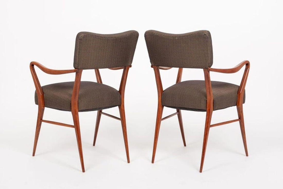Pair of Mid Century Modern Wood & Brown Upholstered Arm Chairs, 1950s