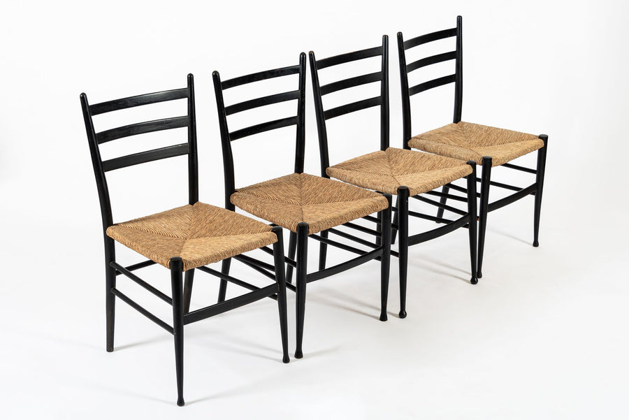 Vintage Mid Century Black Wood and Rush Wicker Dining Chairs