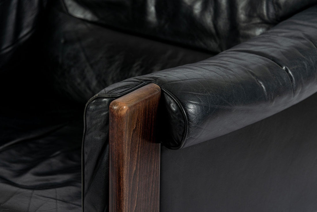 Mid Century Danish Black Leather Lounge Chair in Style of Arne Norell, Matching Sofa