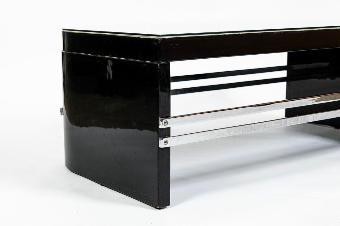 Art Deco Coffee Table in Black Lacquer and Metal Leaf, circa 1935