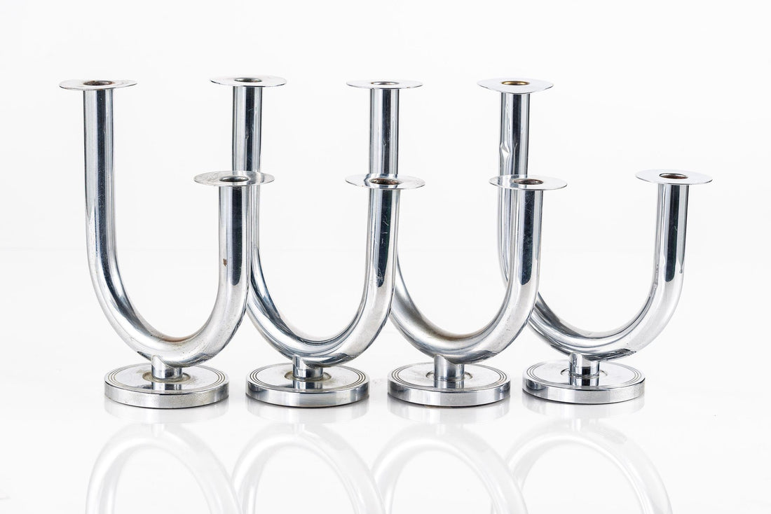 Antique Art Deco Taurex Chrome Candlestick Holders by Walter Von Nessen for Chase