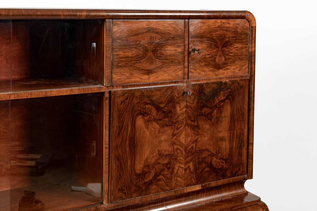 Antique Art Deco Burl Wood China Cabinet or Bar Cabinet with Drop-down Tabletop 1930s