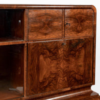 Antique Art Deco Burl Wood China Cabinet or Bar Cabinet with Drop-down Tabletop 1930s