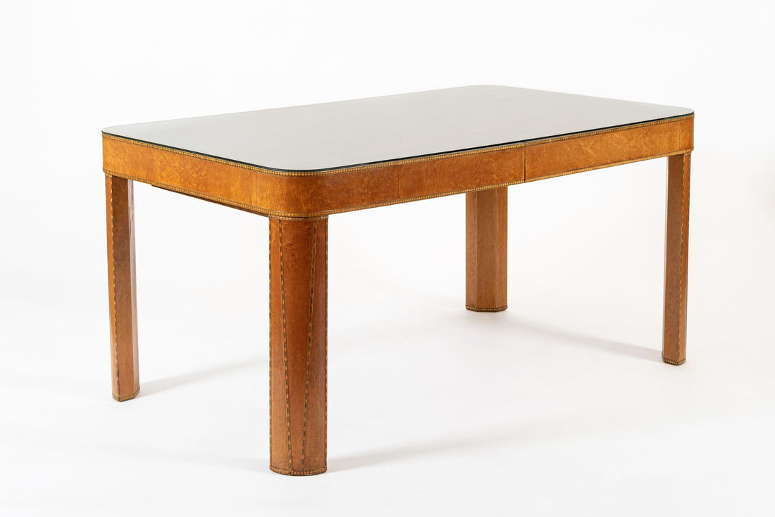 Antique Art Deco Macassar Ebony Wood Dining Table with Glass Top, 1940s